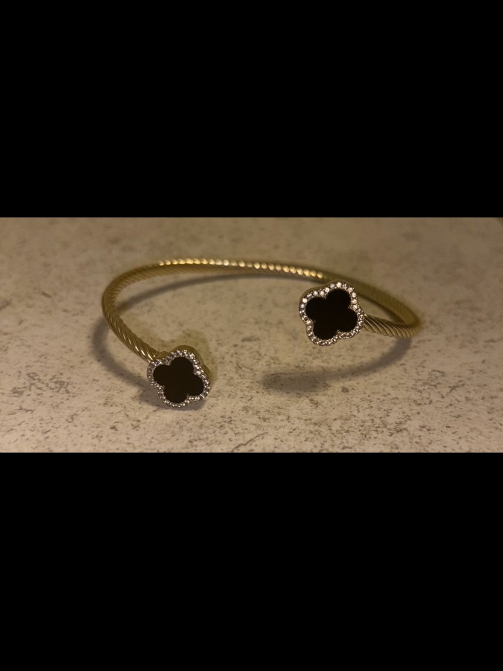 Women’s Gold tone Open Cuff bangle Bracelet with Black Clover Accents
